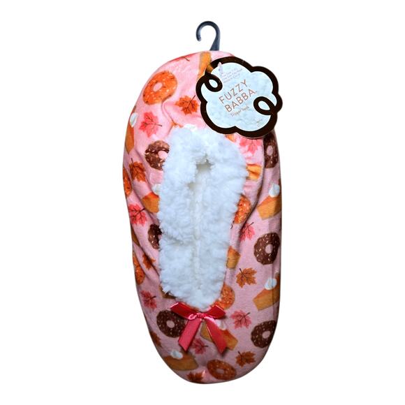 Fuzzy Babba Sherpa Lined Slipper Socks Women’s OSFM Pink Donut Pie Fall Print - Picture 2 of 4